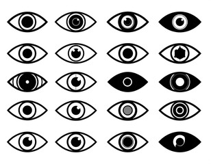 Collection of stylized eye icons in black and white