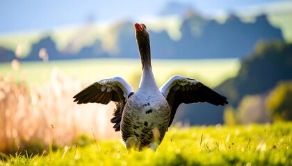 A goose stretches its wings in a sunny meadow, green grass in the blurred background