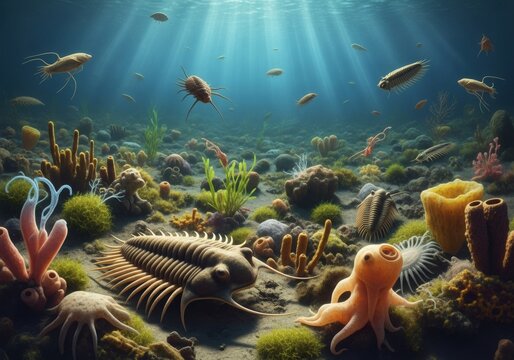 Cambrian period marine life with trilobites and early sea creatures in prehistoric ocean
