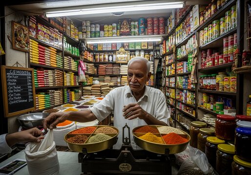 Elderly shopkeeper weighing spices in a traditional Indian grocery store filled with colorful goods, showcasing the vibrant culture and commerce of India.