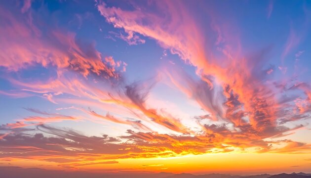 Vibrant sunset hues paint the sky with dramatic, swirling clouds - Powered by Adobe