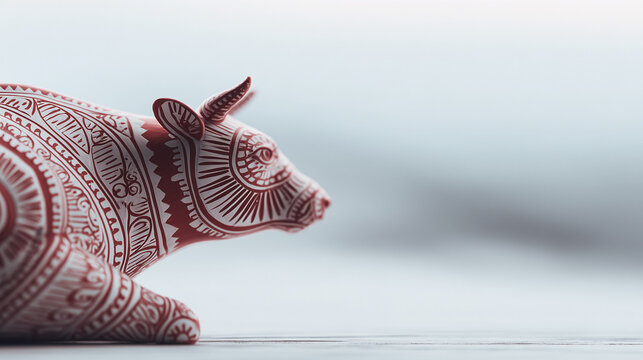 Decorative patterned red cow sculpture displayed in Cow Parade cultural exhibition with creative artistic handmade designs