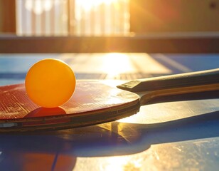 Ping pong paddle and ball under golden sunlight