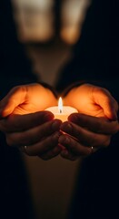 Close-up of hands holding lit candle, warm glow, dark and blurred background.
