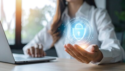Businesswoman hand with glowing holographic lock icon in professional security concept