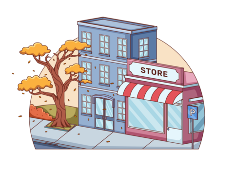 Pixel Art Autumn Street Scene with Store and Tree in Beige Backdrop with Blue Building and Orange Foliage Transparent Background - Powered by Adobe