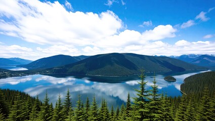 Mountain Lake Reflection with Evergreen Trees and Cloudy Blue Sk