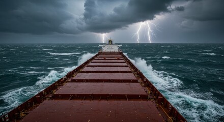 Stormy seas action cargo ship battling lightning open ocean environment dramatic viewpoint