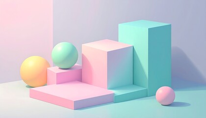Pastel geometric shapes spheres, cubes, and platforms cast soft shadows in soft light