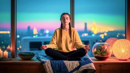 Serene young woman meditating by a large window at sunset, surrounded by candles and plants - Powered by Adobe
