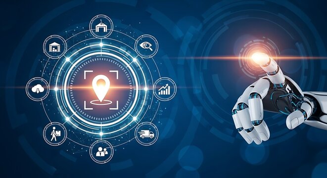 Futuristic robot hand touching glowing interface, unlocking digital transformation for modern business with cutting edge AI technology solutions, very innovative