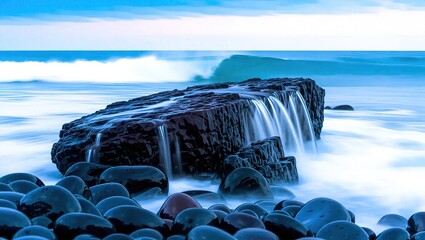 Ocean Wave Crashing Behind Rock Formation with Cascading Water a