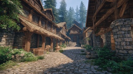 Quiet Village Scene With Cobblestone Path and Rustic Wooden Buildings Surrounded by Dense Forest During Bright Daylight