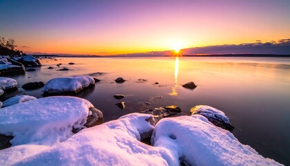 Serene winter sunset over calm lake, snow-covered rocks in foreground
