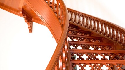 Ornate Cherry Wood Spiral Staircase with Intricate Gothic Quatre