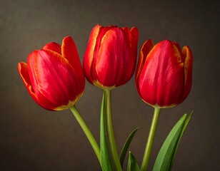Three vibrant red tulips against a dark backdrop