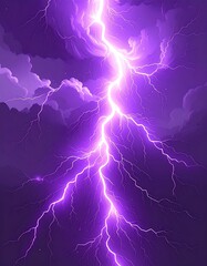 A vibrant purple lightning bolt streaks across a dark, stormy sky, illuminated by its electric glow