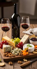 Rustic tabletop: wooden cutting board with cheese, grapes, nuts,ambient light.