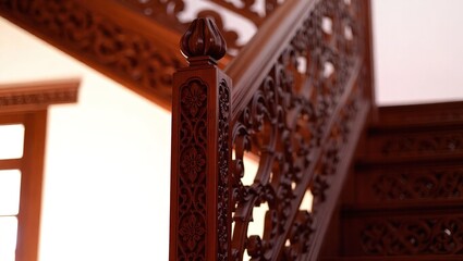 Ornate Wooden Staircase with Intricate Floral Carvings and Decor