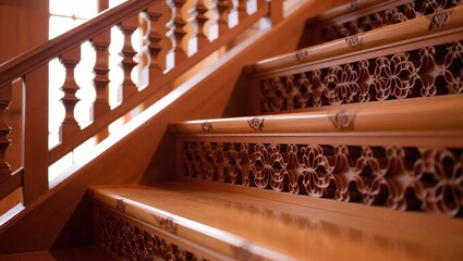 Ornate Wooden Staircase with Intricate Floral Carvings and Warm