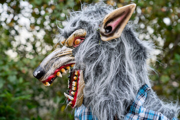 Side profile of a snarling werewolf with gray shaggy fur and sharp teeth. The long muzzle, pointed ear, and glowing red-yellow eye stand out in an outdoor yard scene.