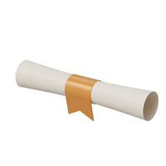 A 3D illustration of a rolled diploma or certificate tied with a golden ribbon. This minimal and modern design is suitable for concepts related to graduation, education, achievement, success