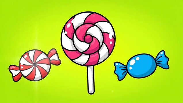 A colorful cartoon illustration of a swirl lollipop and two wrapped hard candies on a lime green background.