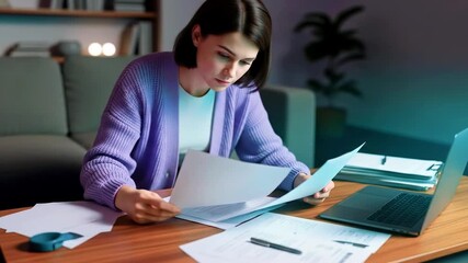 Young woman analyzing documents at a desk with a laptop in a cozy home office setting - Powered by Adobe