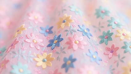Pastel Floral Embroidery on Sheer Fabric, Soft Focus, Delicate T