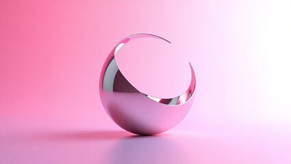 Polished crescent moon sculpture on a pink gradient background,