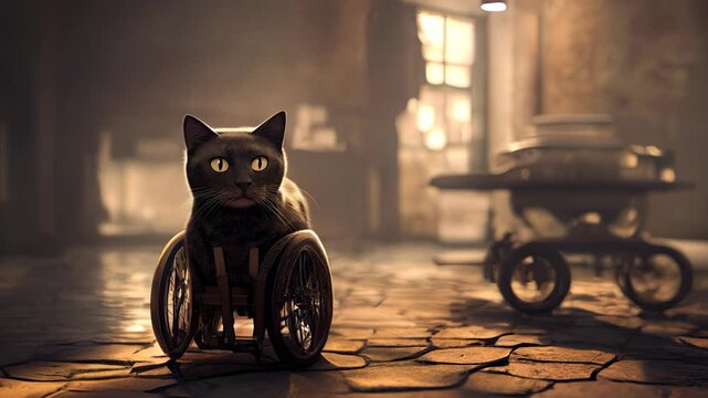 black disabled cat walking by harness wheelchair for animals in a vet clinic. Veterinary orthopedic rehabilitation therapy for handicapped pets. veterinarian theme.