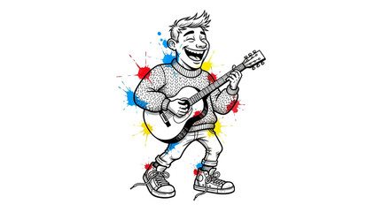 Cartoon Man Playing Acoustic Guitar with Colorful Paint Splatters