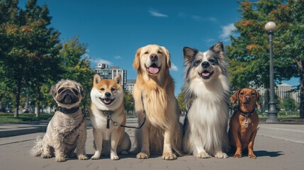 A Squad of Five Real Dogs Posing Like a Famous YouTube Team Outdoors: Toy Poodle, Pug, Confident Shiba Inu, Golden Retriever, and Dachshund Standing Together on a Sunny Park Path.
