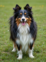 Fototapeta premium Smiling and fluffy black and white sable tricolor shetland sheepdog, sheltie standing in show stand with background of green grass. Black little collie, fur lassie dog outdoors on summer time