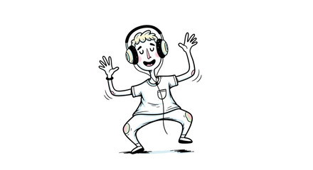 Cheerful Cartoon Character Dancing While Listening to Music