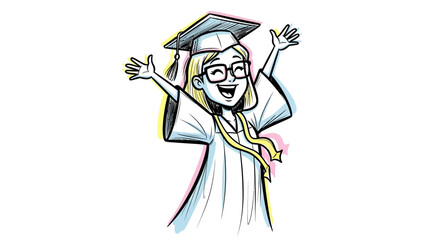 Excited Graduate with Arms Raised, Wearing Cap and Gown