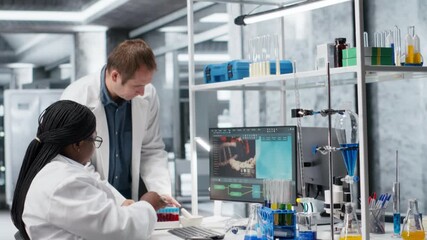 Diverse team of scientists collaborating in a modern laboratory, conducting experiments with laboratory equipment. Research study for biotechnology, genetics and molecular biology. Camera B. - Powered by Adobe