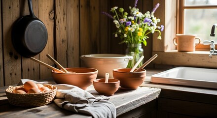 Rustic farmhouse kitchen: clay bowls, wooden spoons, fresh eggs, natural textures, morning light.