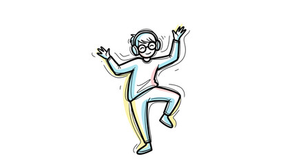 Cartoon Person Dancing with Headphones and Glasses, Outline Style