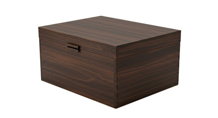 A simple dark brown wooden storage box isolated on a white background.