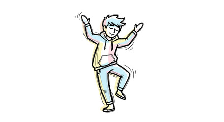 Happy young person in vibrant colorful hoodie and jeans dancing