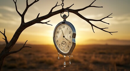 A surreal, melted silver pocket watch hanging by a rusty chain from a dry, twisted tree branch