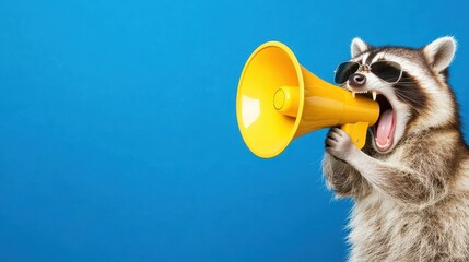 Raccoon with Megaphone and Sunglasses on Bright Blue Background