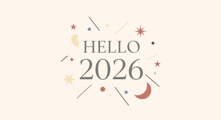Minimalist Cute Hello 2026 Celebration with Moon and Star Decoration Graphic