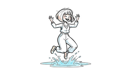 Joyful Woman Jumping in Puddle Illustration with Short Hair