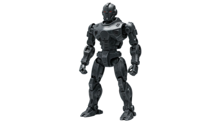 Articulated Black Robot Figure Standing Tall on White Background.