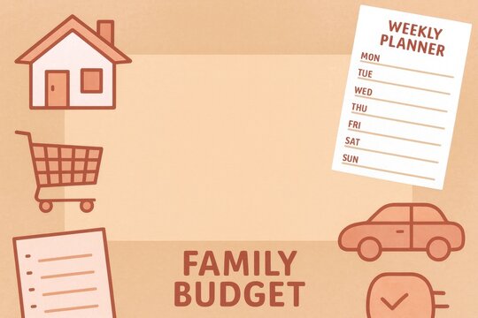 Family budget planning with weekly planner and expense icons on beige background