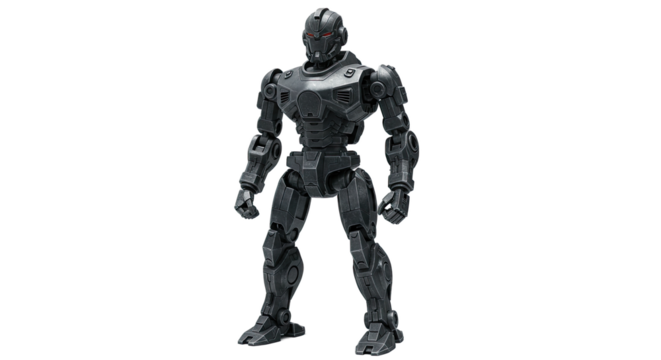 Articulated Black Robot Figure Standing Tall on White Background.