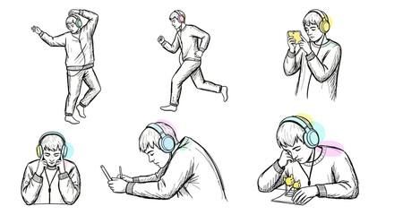 Young Man with Headphones in Various Activities: Dancing, Running, Studying, and Relaxing