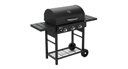 Black outdoor grill with side shelves and wheels for backyard cooking.